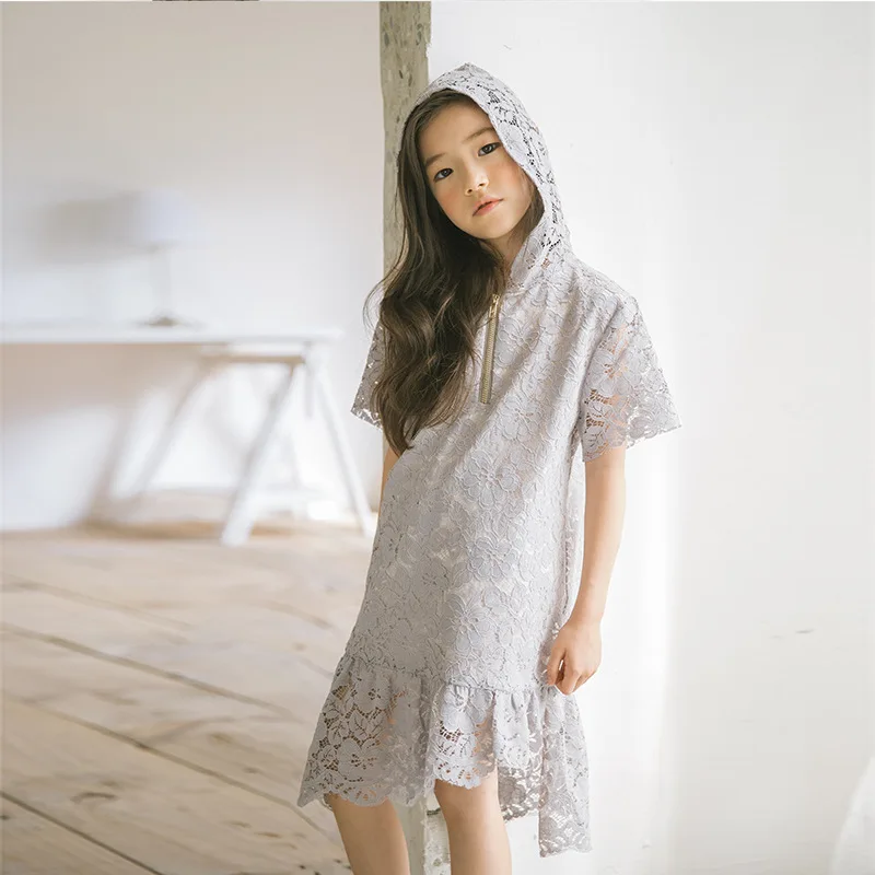 

Girls Hooded Dress Summer Spring 2018 Lace Dress For Beach Kids Child Clothes Fashion Princess Outfits For 6 7 8 12 14 Years Old