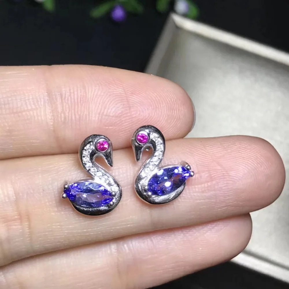 

Fashion Lovely Swan natural blue tanzanite gem stud earrings Natural gemstone earrings S925 silver girl party gift fine jewelry