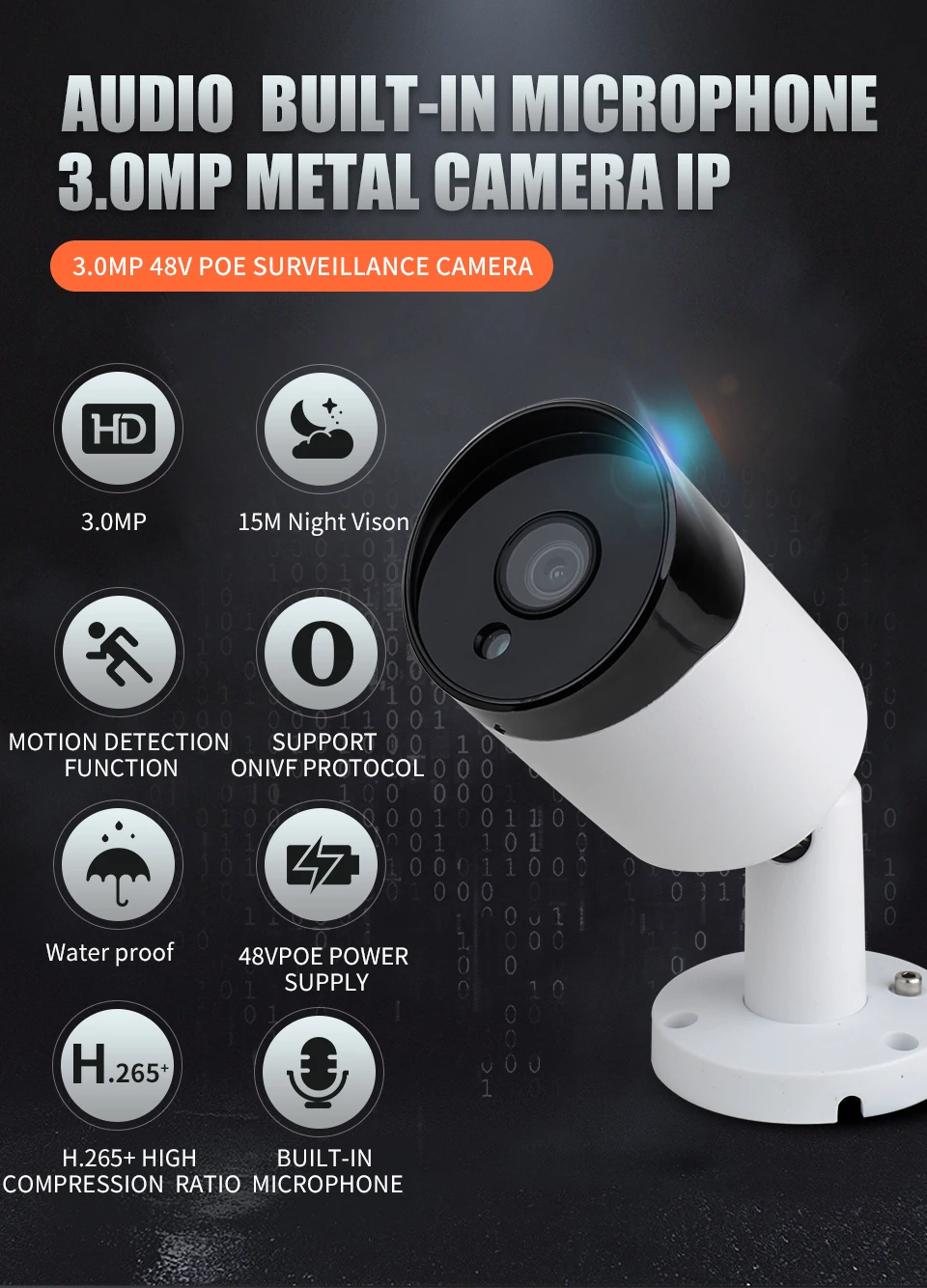 XM HD 3.0MP аудио запись CCTV POE IP камера Открытый водонепроницаемый ИК P2P Onvif безопасности Наблюдения Пуля IP камера