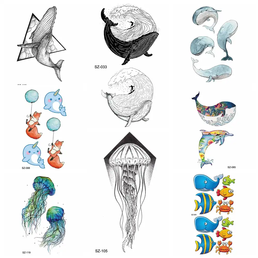 Flash Whale Temporary Tattoo Women Arm Stickers Cartoon Unicorn Children Flash Tatoos Sea Waves Kid Cute Ocean Fish Diy Paste
