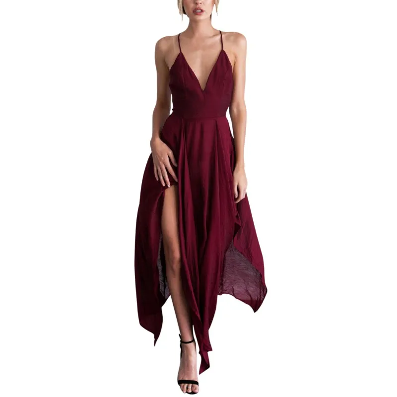 

ZH Women Sexy Autumn Elegance Halter Dress Sleeveless Sling Irregular Long Dresses Sexy-V Dress Casual Beach Party Red vestidos
