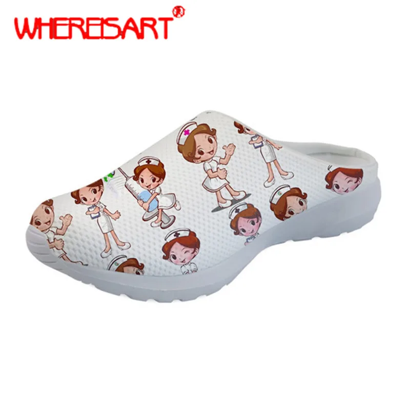 

WHEREISART Cute Women Nurse Pattern Slippers Ladies Slip-on Mesh Slipper for Females Casual Beach Sandals Non-Slip Home Slipper