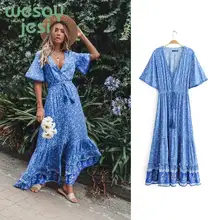 Vintage vestido largo verano mujer Waist tie Ruffle Hem Boho Dresses Women Beach Long Dresses V-Neck Short Sleeve Summer Dress ruffle armhole tie waist fringe hem striped dress