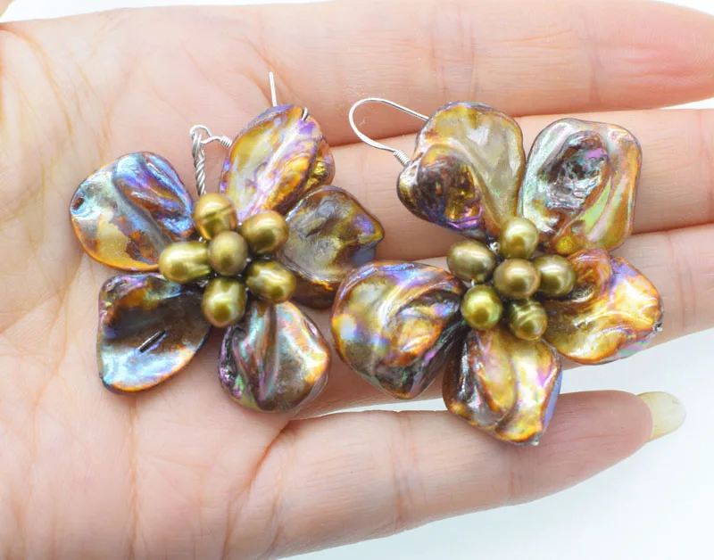 

one pair freshwater pearl and shell flower brown earrings 40-50mm wholesale beads nature FPPJ