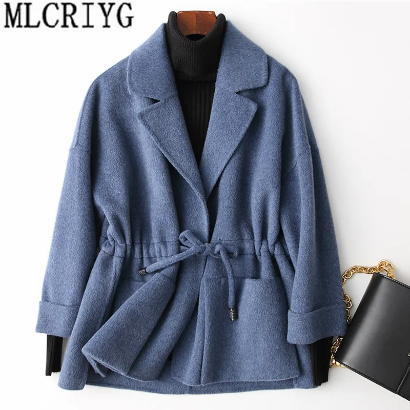

MLCRIYG 2019 Spring Casual Wool Coat Women Short Drawstring Double-sided Cashmere Coats and Jackets Autumn Winter Overcoat YQ278