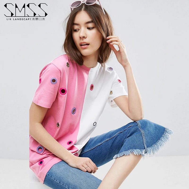 Download 2017 New Pink/White Hole Short Sleeve O Neck T Shirt ...