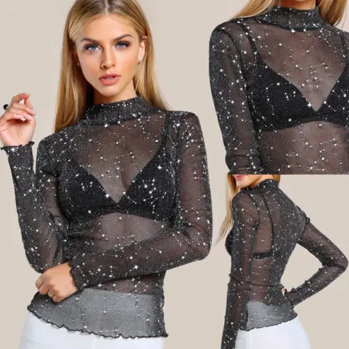 

UK STOCK Womens Sexy Long Sleeve Mesh Transparent Round Neck Tops T Shirt