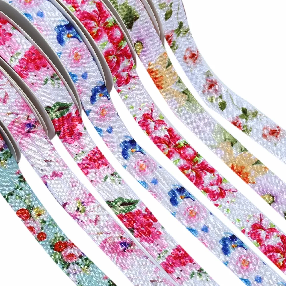 

5/8" Heat transfer printed floral flower FOE fold over elastic for hair ties welcome custom printed