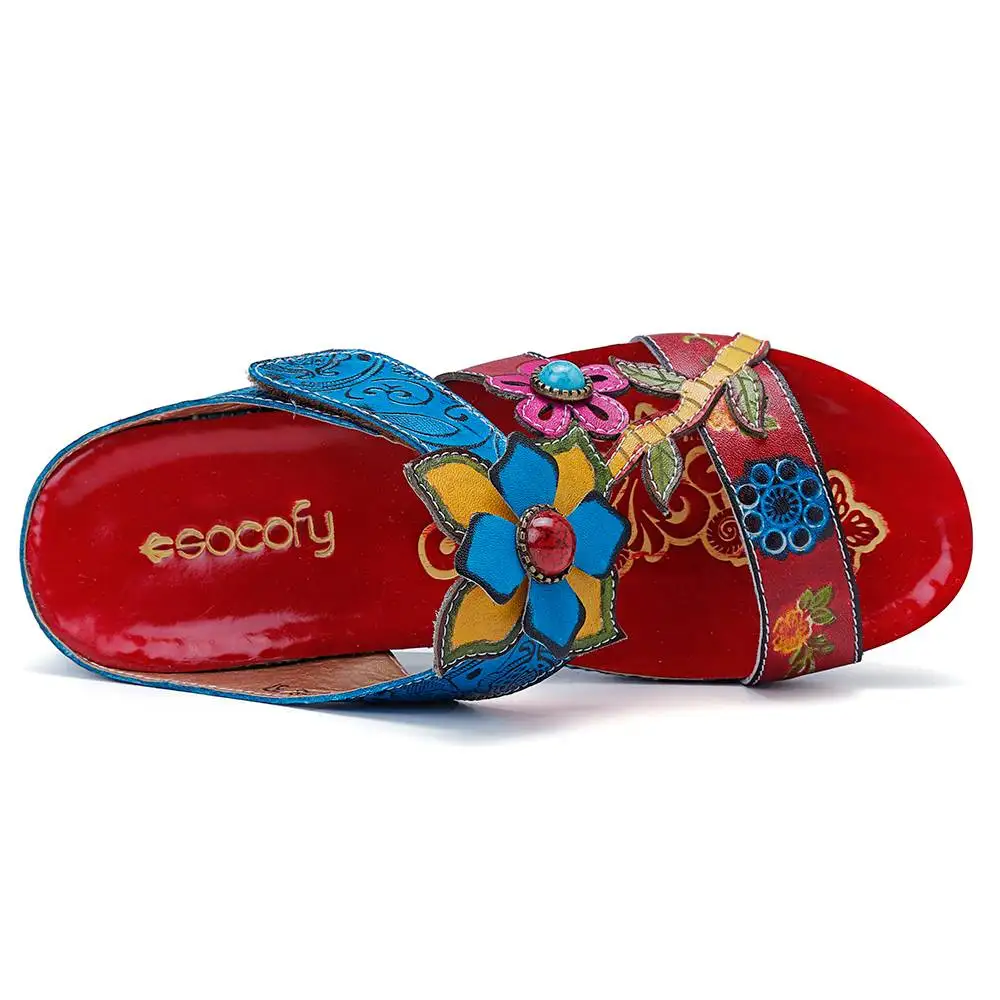 SOCOFY/мягкие сандалии из натуральной кожи в богемном стиле; ручная роспись; с цветочным узором; на застежке-липучке; Летняя обувь; женские сандалии в стиле ретро