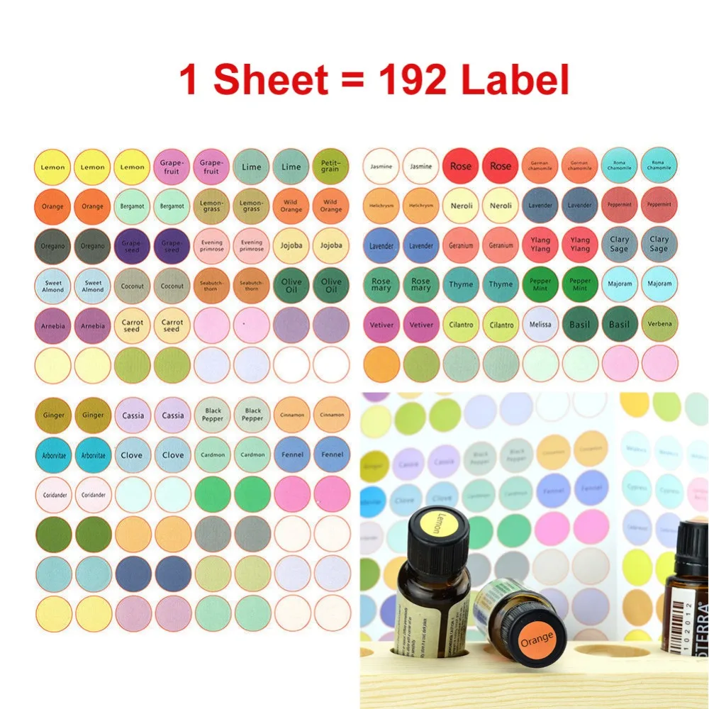 1 Sheet=192 Labels Essential Oil Bottles Cap Lid Labels Round Circle Colorful Toys Stickers Compatible For doTERRA Young Living