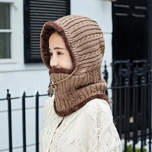 Women winter face mask hat skullies and beanies knitted wool Gorras hat plus velvet cap thicker bonnet hats for men mask wool hat w mask yellow grey