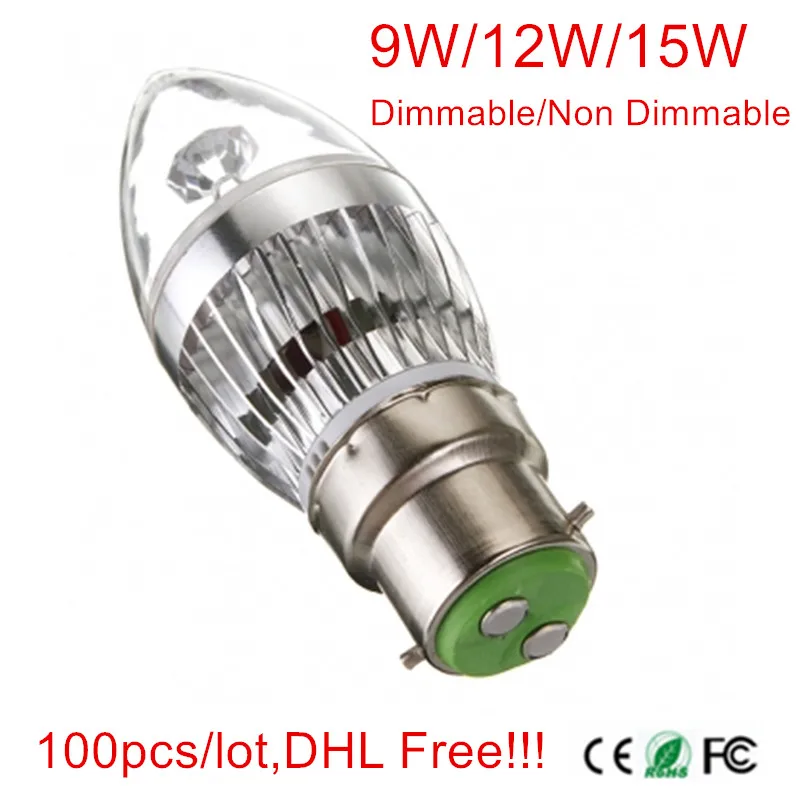

100pcs/lot,DHL Free ship!!! B22 9W/12W/15W LED High Power LED Bulb Lamp Candle Light Dimmable Spotlight AC 85V-265V