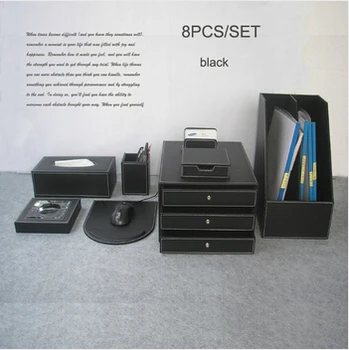 

Luxury 8PCS /set woodPUleather office desk file stationery accessories & organizer pen holder file cabinet mouse pad black TZ004