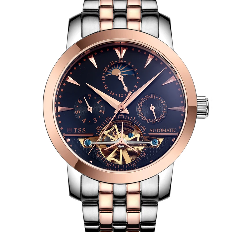 

TSS T8030 Aviation pilot skeleton watch hollow Tourbillon Moon phase calendar male automatic mechanical watch stainless steel