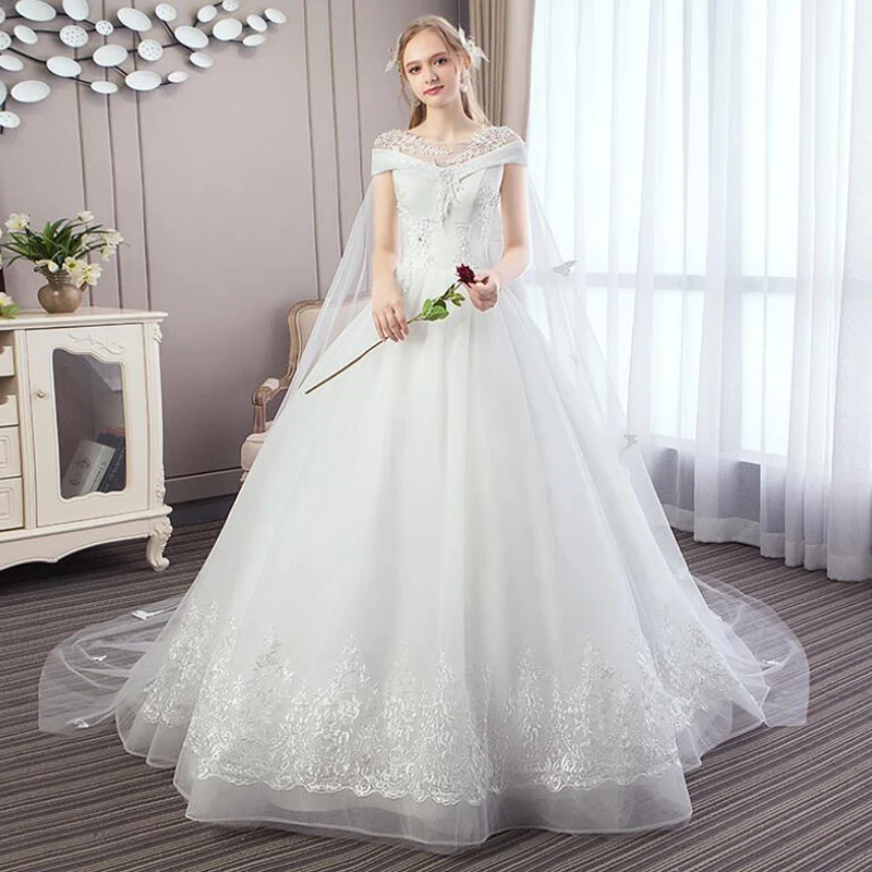 Short Cap Sleeves Sweep Train Lace Tulle Wedding Dresses 2018 with Embroidery Beads Sequined Bridal Dress Marriage Custom Sizes