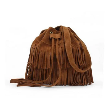 

Hot Selling Women Faux Suede Drawstring Bucket Bag Vintage Handbag Fringe Tassel Messenger Shoulder Bags -B5