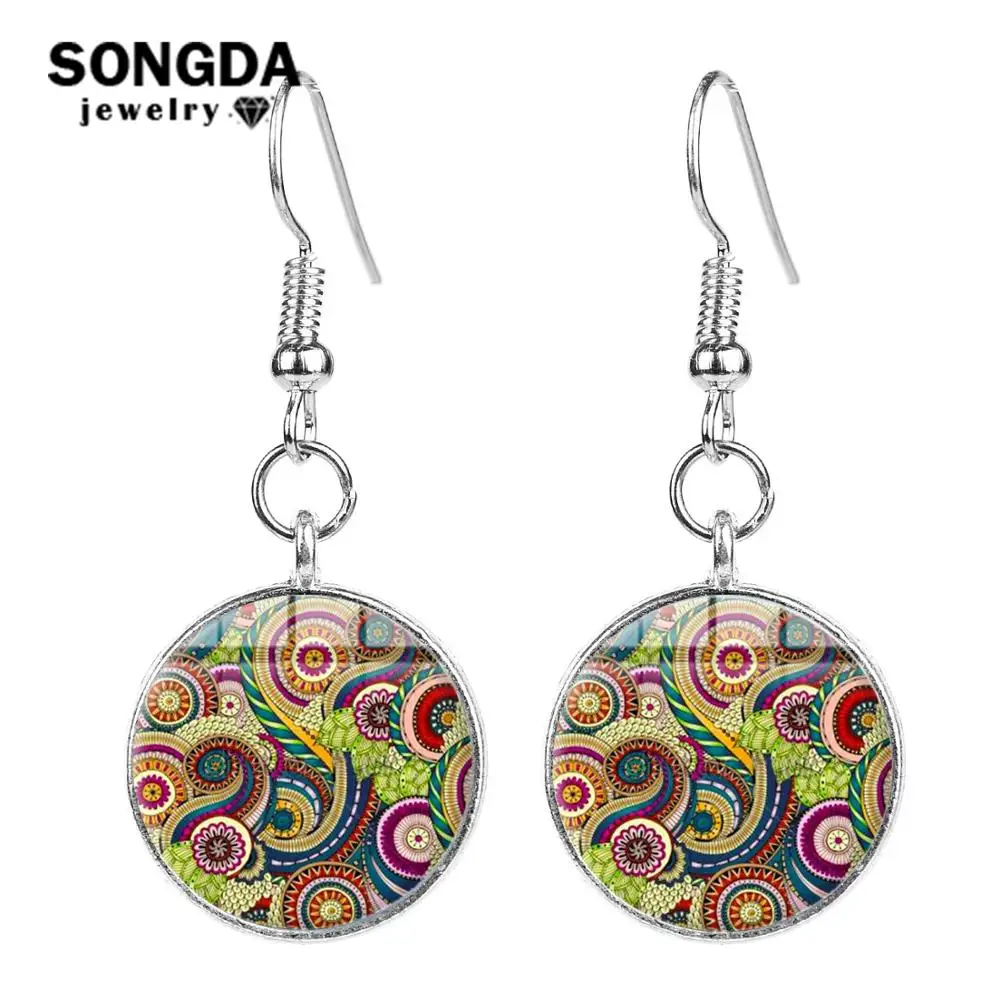 SONGDA Boho Henna OM Hinduism Statement Earrings Kaleidoscope Mandala Art Patterns Glass Gem