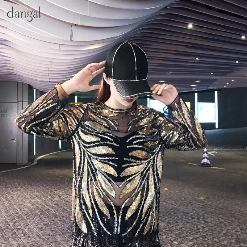 

Luxury Women Shiny Sequined Leaves Embroidery Shirts Heavy Beads Shirts Sexy Blusas Camisa Party Clubs Tops See-through Look