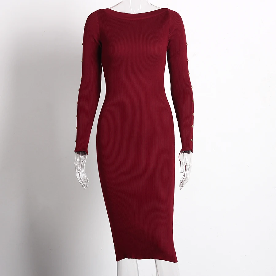 Трикотажные Платья-свитеры осень Новая мода кнопка футляр с длинными рукавами Для женщин Повседневное по колено облегающее платье черный, красный