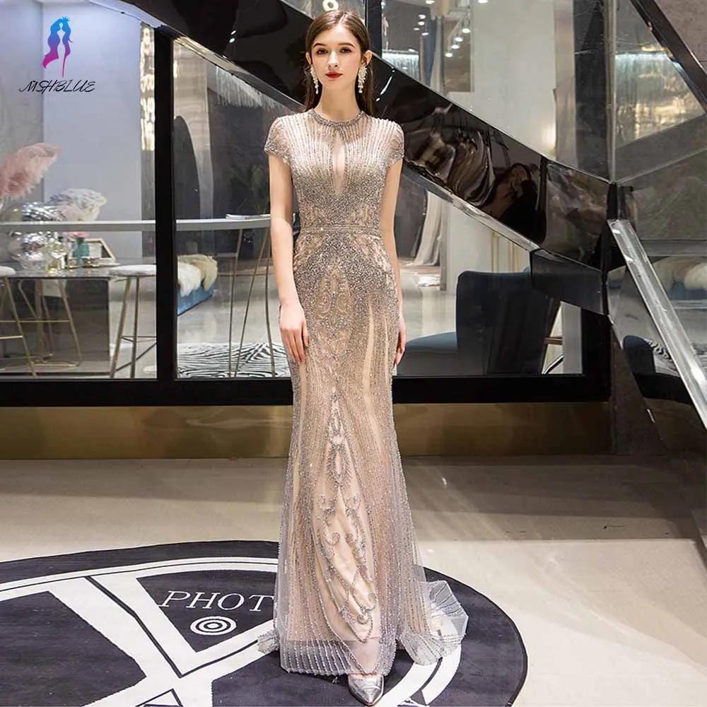 

Luxury Silver Crystals Long Evening Dresses Cap Sleeve Mermaid Formal Dress Evening Gown Robe De Soiree