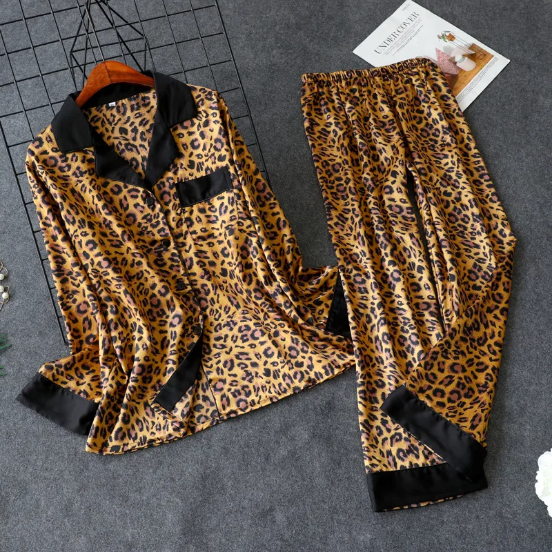 Леопардовая Пижама, женские полосатые атласные пижамы, наборы, новинка, весенний костюм с длинным рукавом из 2 предметов, Повседневная шелковая Домашняя одежда, одежда для сна