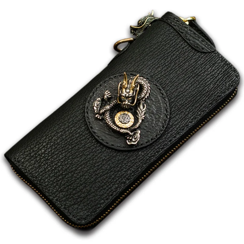 Tibétain Main Luxe À De Requin Magique Femmes Black Portefeuilles Dragon Portefeuille D'or Soleil Sac Roue Hommes Et D'embrayage Mystère Tenant rPTgra
