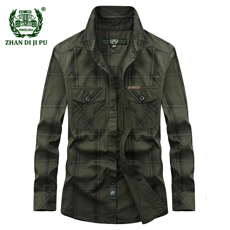 Online 2018 herbst männer casual marke armee grün plaid plus größe lange hülse hemd frühling mann 100% baumwolle afs jeep khaki grid shirts