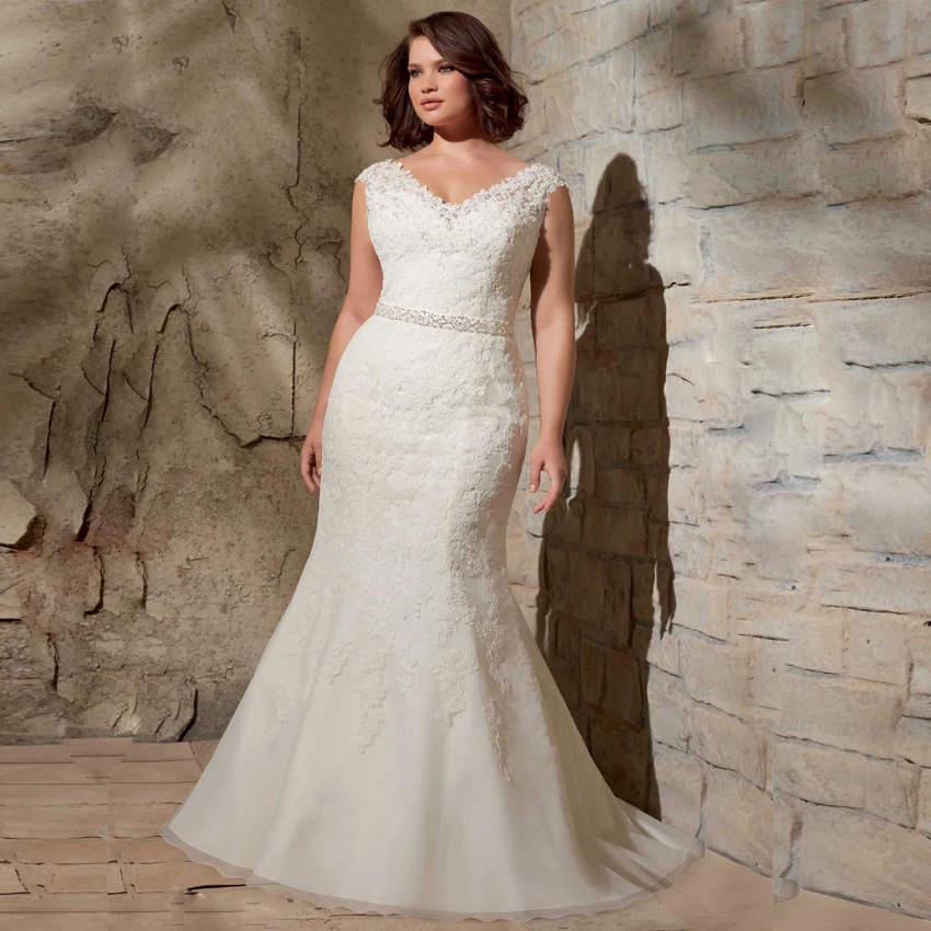 W077 Plus Size Lace Mermaid Wedding Dresses V Neck With Lace Appliques