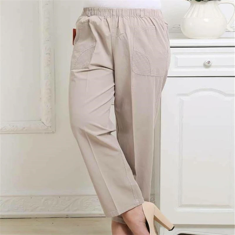 Женские брюки больших размеров с высокой эластичной талией, однотонные прямые брюки полной длины, женские летние тонкие хлопковые свободные брюки с вышивкой