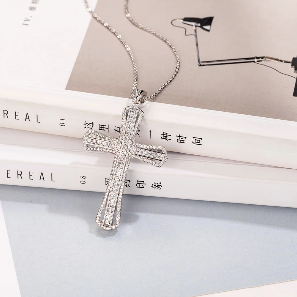 New 925 Silver Exquisite Bible Jesus Cross Pendant Necklace for women men Crucifix Charm Simulated Platinum Diamond Jewelry N021