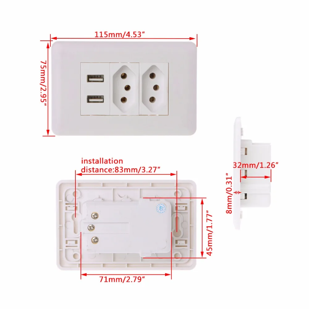 15A настенная двойная стандартная розетка адаптер с двумя портами USB зарядное устройство Панель 5 в 2.1A розетки 115x75 мм