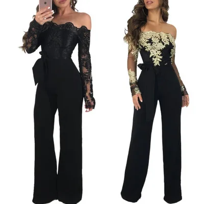 

2019 Lace Patchwork Jumpsuit Women Sexy Off Shoulder Slash Neck Long Sleeve Women Jumpsuit Elegant Slim Wide Pants Jumpsuit