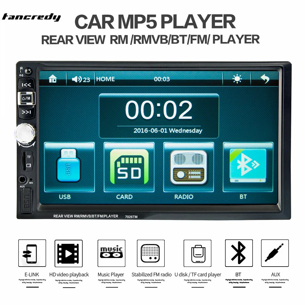Sale 7026TM 7 inch car multi-function player, touch screen radio, Bluetooth MP3 player RM/RMVB/BT/FM PLAYER Mirror link MP5 player 3
