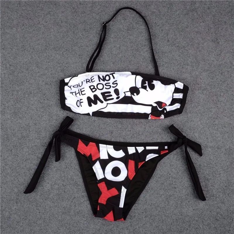 2019 Summer Sexy Women Mickey Cartoon Swimwear Minnie Camouflage Print Bandage Bikini Set Swimsuit Maillot De Bain Femme