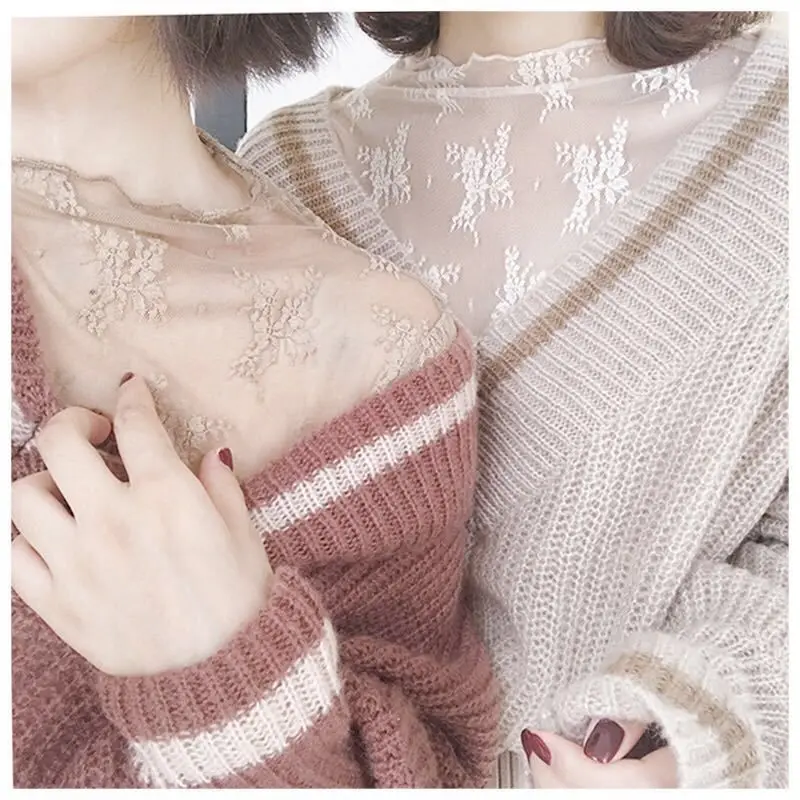 2018 New Women Girls Lace Flower Embroidery Solid Long Sleeve Blouse Perspective Mesh Hollow Out Bottoming Shirt INS Hot Sale |