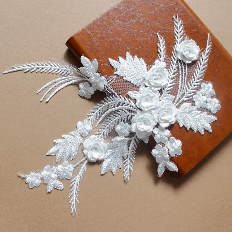 

4Pieces/2Pair 32cm*25cm Lace 3D Wedding Dress Applique DIY Bridal Headdress Off White Lace Collar Lace Fabric Patch RS1295
