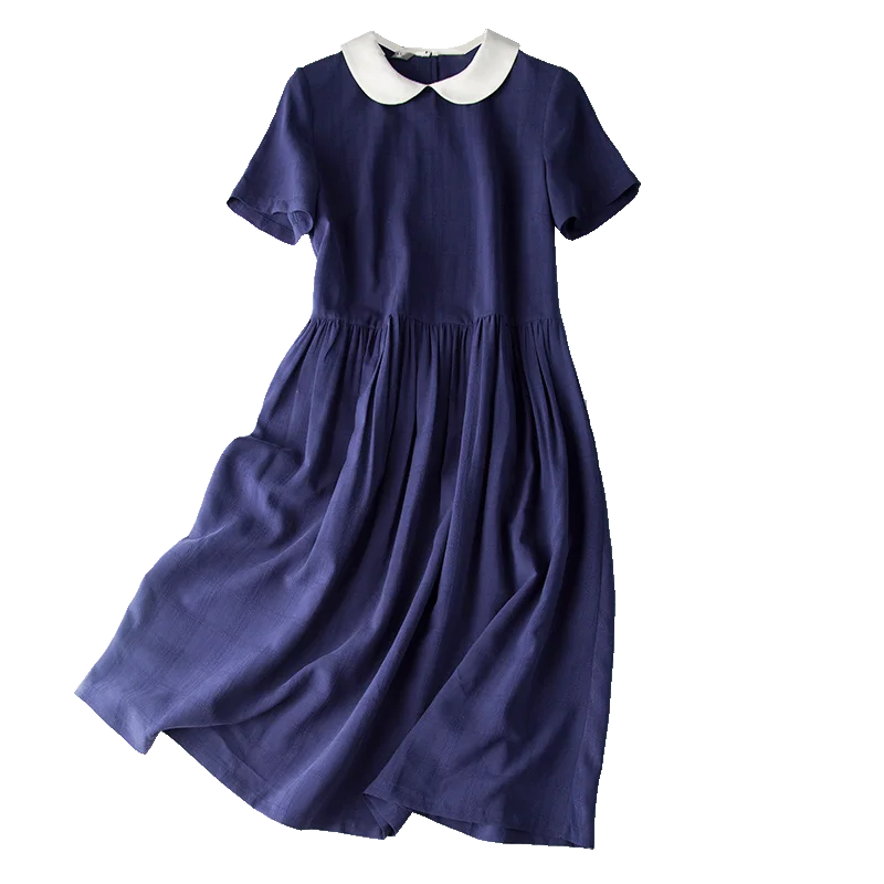 

Shuchan Peter Pan Collar Dress Natural Silk and Cotton Navy Blue Preppy Style A-Line Mid-Calf Vestidos Largos De Verano A0399