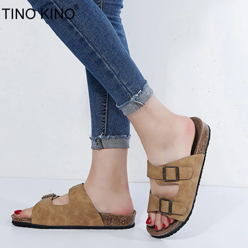 

TINO KINO Women Buckle Plus Sizes Flat Cork Summer Slippers Female Fashion Beach Slides Ladies Outdoor Casual Shoes Fashion