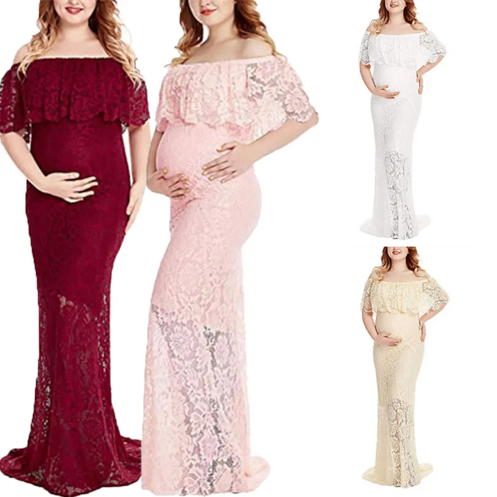 Платье для беременных, новое женское кружевное платье макси с открытыми плечами, платье для беременных и матерей после родов, одежда