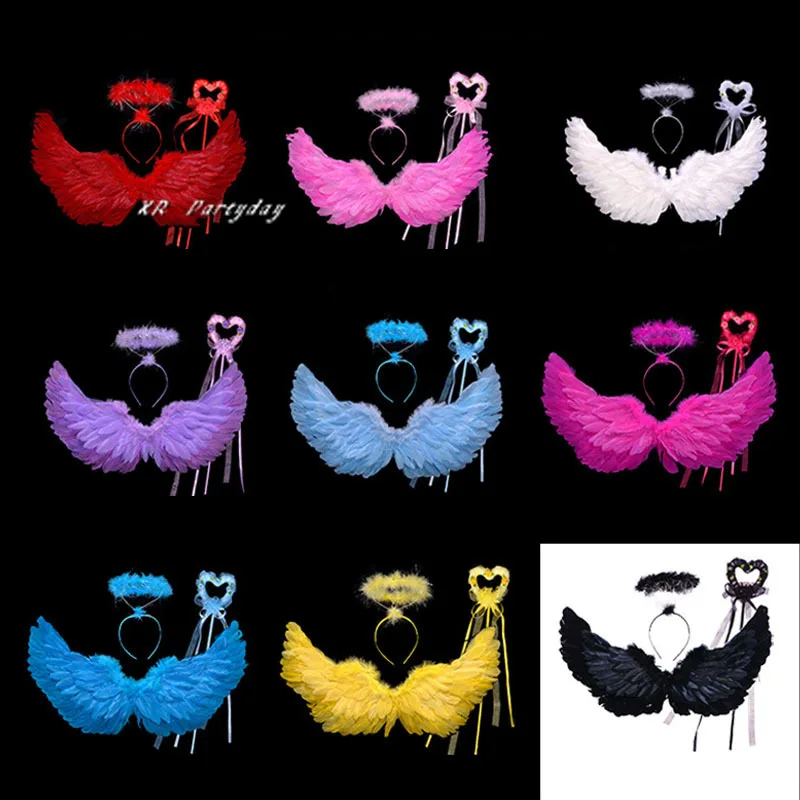 

Women Boy Girl Angel Feather Wings Halo Ring Wands Photo Prop Stage Show Costume Wedding Party Gift Christmas