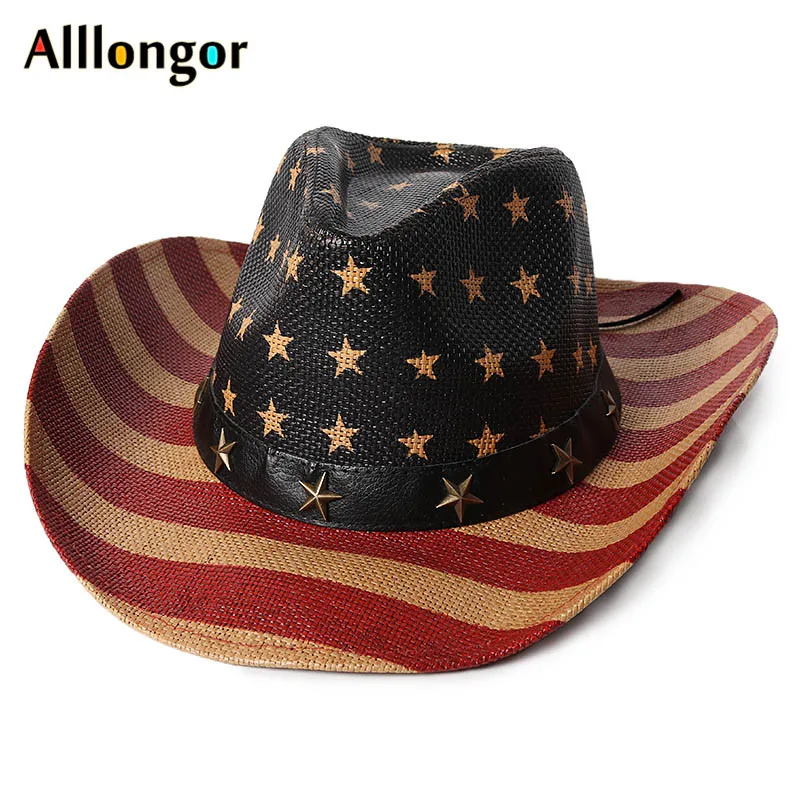 

Classical Western Cowboy Hats Men Fashion Striped Star Print Summer 2019 Women Sun Hat Wide Brim Sombrero Hombre Cowgirl hat