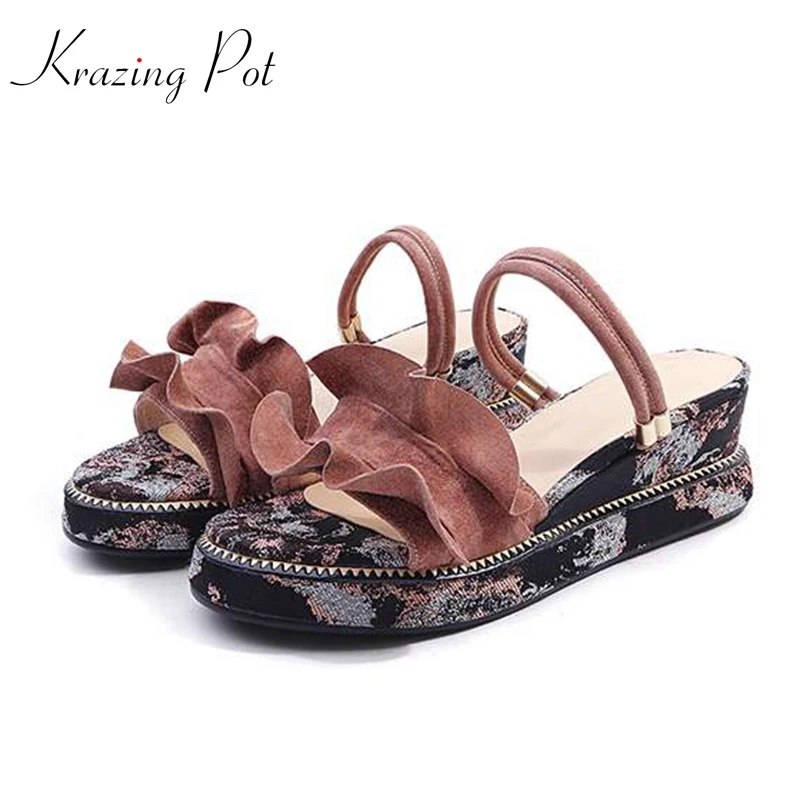 

krazing pot sheep suede slip on British style sandals wedges floral leather high heel peep toe lacework fairy summer mules L89