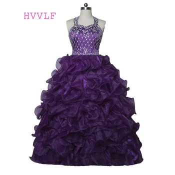 

Purple 2019 Girls Pageant Dresses Ball Gown Halter Organza Crystals Ruffles Flower Girl Dresses For Wedding For Little Girls