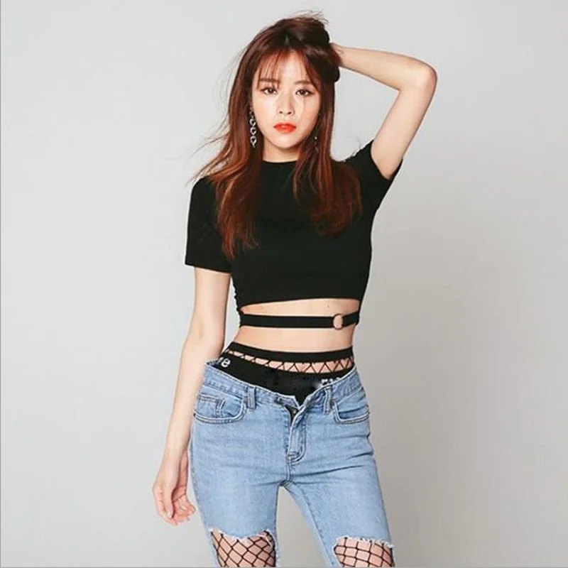 

European American Style Woman T-shirt Short Length Solid Color Short Sleeve Iron Ring Decor Women Tops Slim Fit T shirt Women