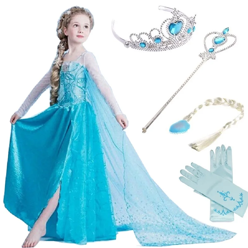 Girls Snow Queen Costume Blue Elsa Snow Princess Dress up with Train