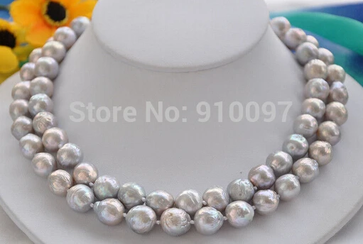 

LHX54013>>2row 12mm gray almost round Edison PEARL NECKLACE mabe clasp