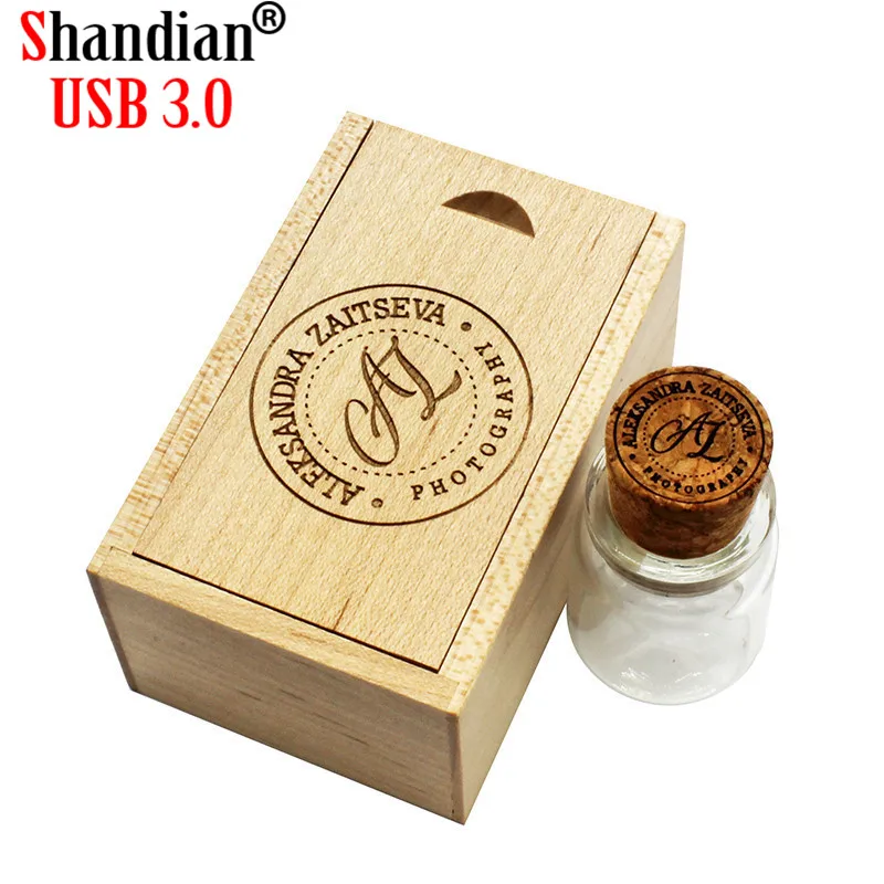 

SHANDIAN USB 3.0 drifting bottle usb with wooden box USB flash drive wishing bottle cork pendrive 4GB 16GB 32GB 64G wedding gift