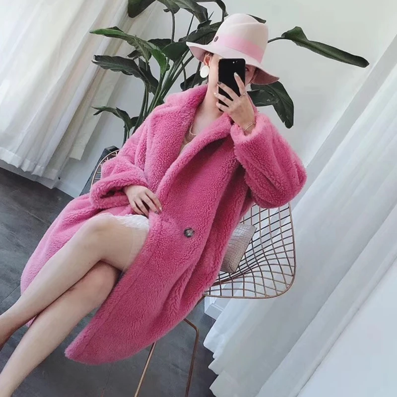 X-Long Real Sheep Fur Oversized Parka Thick Warm Outerwear real fur women large size sheep fur coat loose fashion
