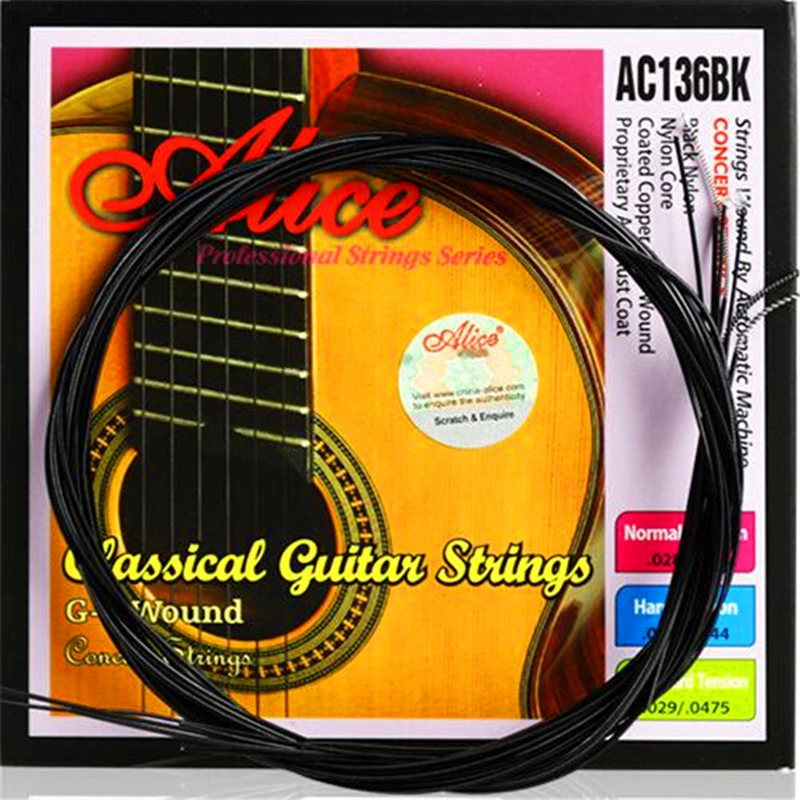 A complete set of Black classical guitar strings Nylon anti rust copper