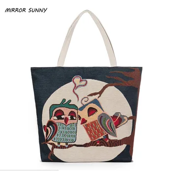 

MIRROR SUNNY New owl pattern women shopping bag single shoulder bag female canvas artistic lady's bag creative style